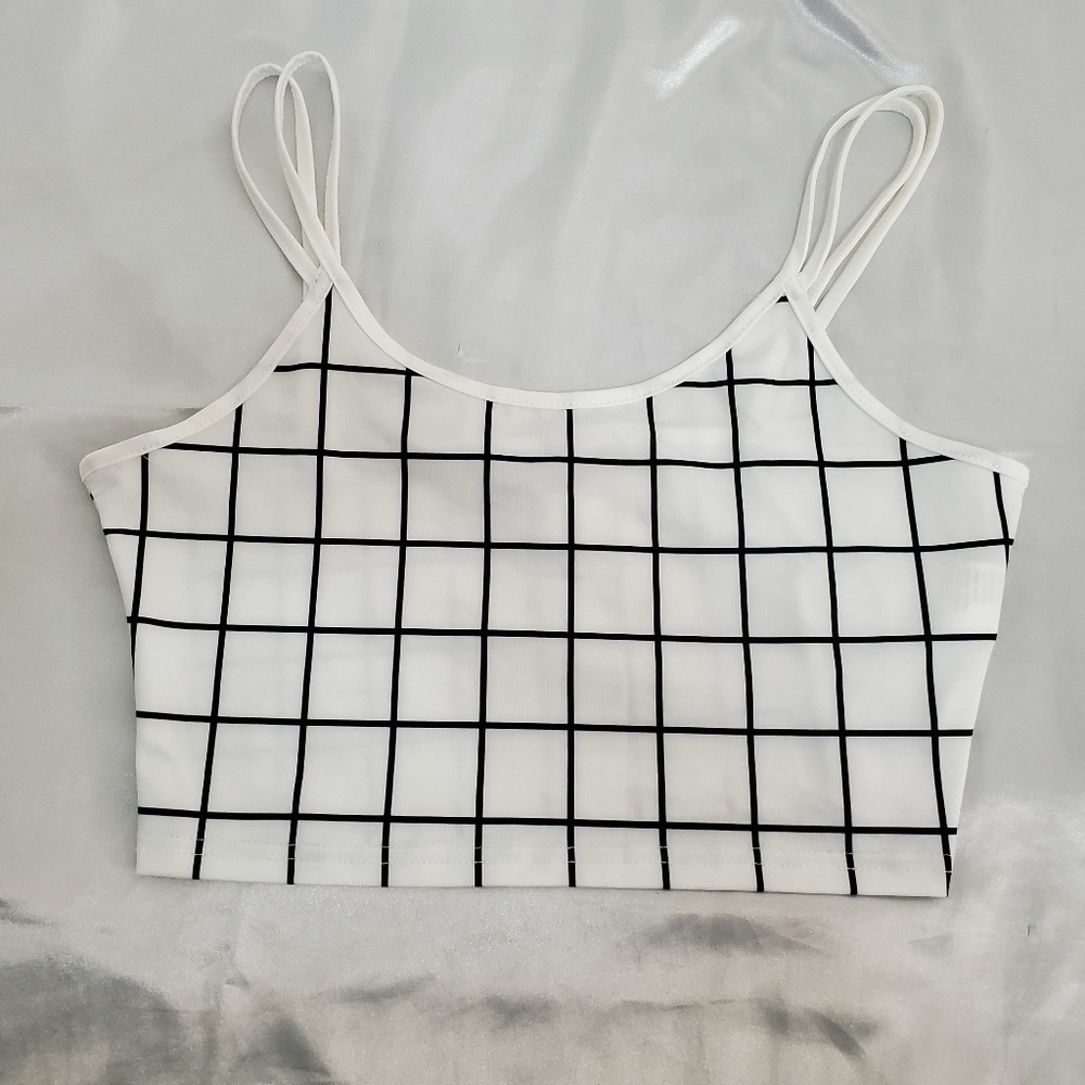 White crop top, grid pattern